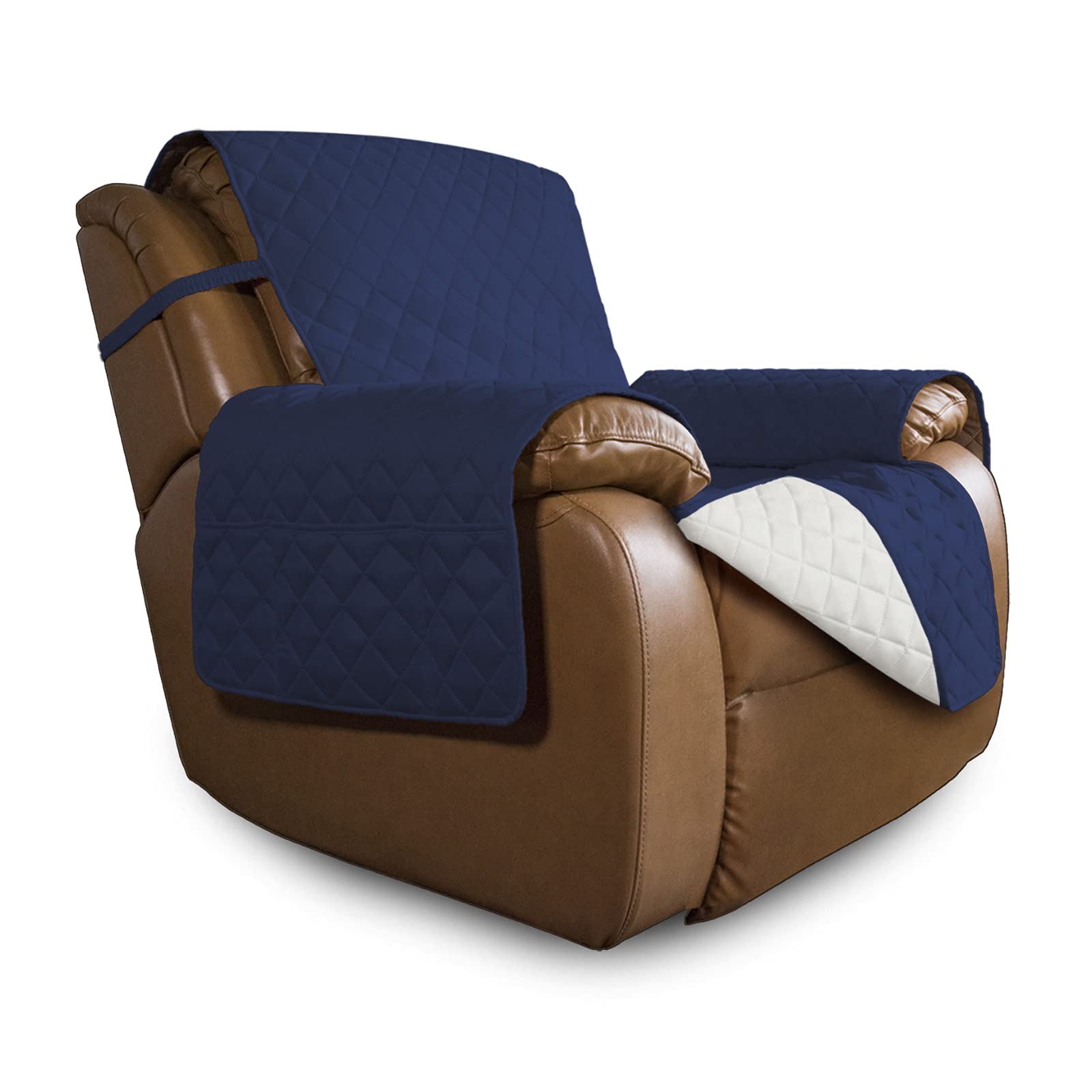 Easy-Going Oversized Recliner Cover Reversible Couch Cover Sofa Cover for Living Room Water Resistant Furniture Protector with Elastic Straps for Pets Dog (Large Recliner 27-29in, Navy/Ivory)
