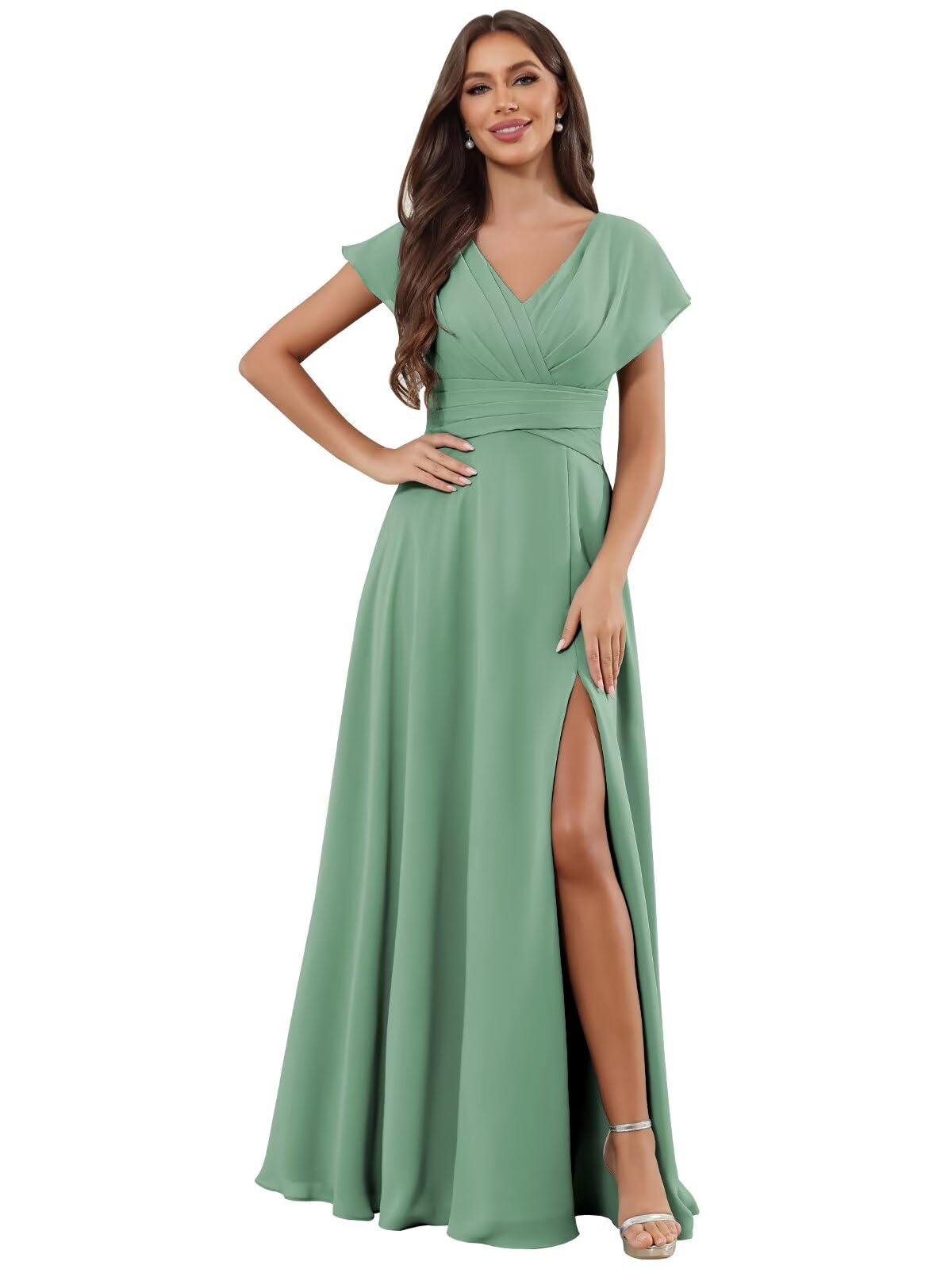 Mollyevers V Neck Chiffon Bridesmaid Dresses with Sleeves Long Slit A Line Formal Evening Dress for Women