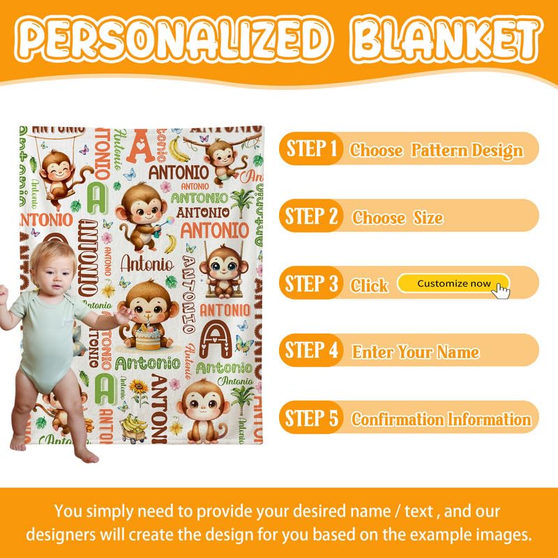 Image of Custom Monkey Blanket for Boys Girls,Ultra Soft Personalized Gifts Baby Blanket,Customized Throw for Toddlers Newborn Stroller Crib,30 inchx40 inch