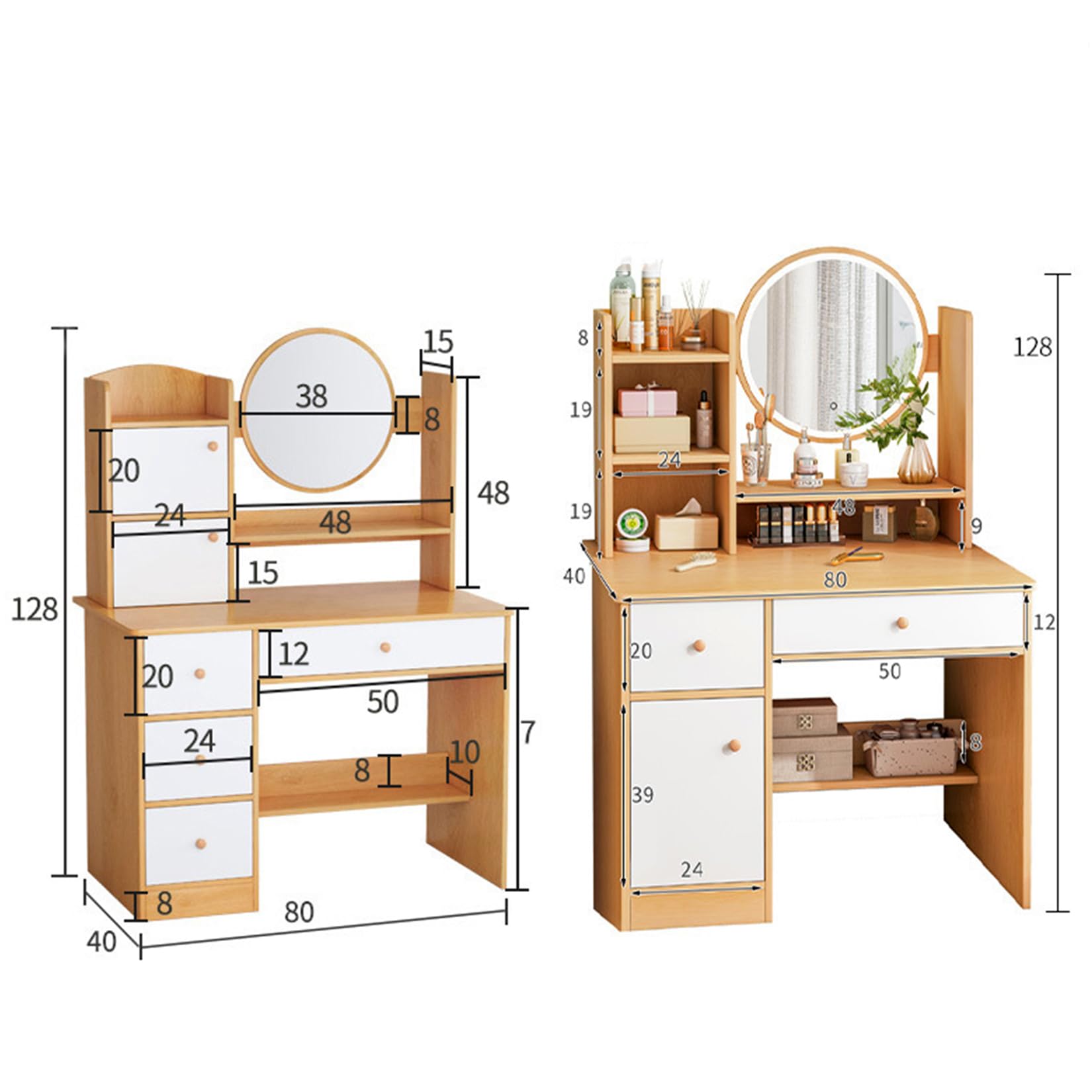 Xbro Make-uptafel met ledverlichting, verstelbare helderheid, make-uptafel met spiegel en 2 laden, kaptafel met 2 legplanken en open vakken, modern, 77 x 39 x 134 cm, wit