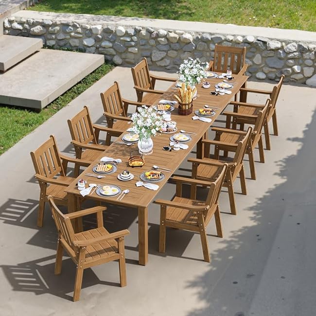 YEFU Outdoor Patio Dining Sets: All Weather 12 Piece Dining Table Set for 10 with Umbrella Hole & Aluminum Frame - Outdoor Furniture Patio 2 Table and 10 Chairs for Outside Backyard/Porch/Deck Teak