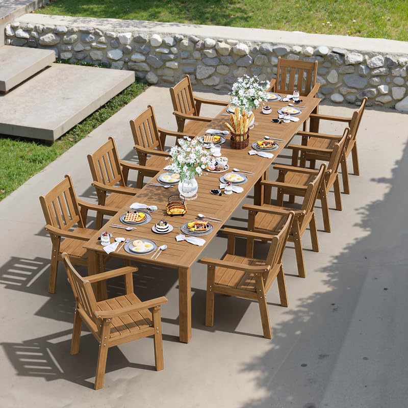 YEFU Outdoor Patio Dining Sets: All Weather 12 Piece Dining Table Set for 10 with Umbrella Hole & Aluminum Frame - Outdoor Furniture Patio 2 Table and 10 Chairs for Outside Backyard/Porch/Deck Teak