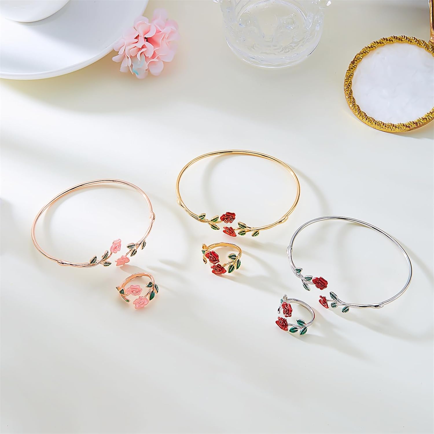 coadipress Rose Bracelet Ring Set for Women Dainty Fashion Red Roses Flower Green Leaf Open Cuff Adjustable Bracelets Vintage Flower Rings Wedding Personalized Accessories Jewelry - Image 6