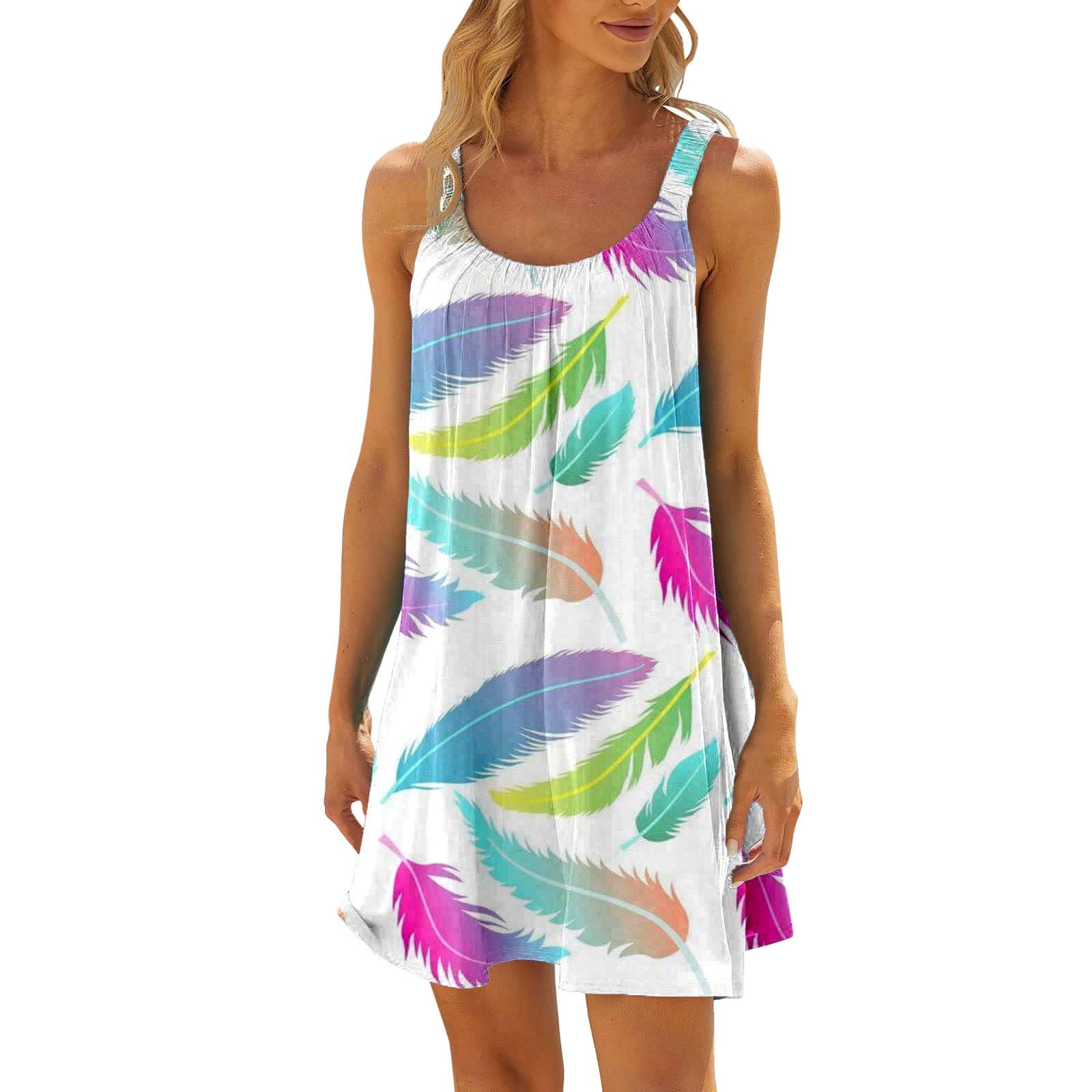 YANJI Vestido Leopardo Vestido Casual de Verano con Estampado de Plumas y Flores sin Mangas con Cuello Redondo para Vacaciones en la Playa Vestidos Ceñidos Mujer