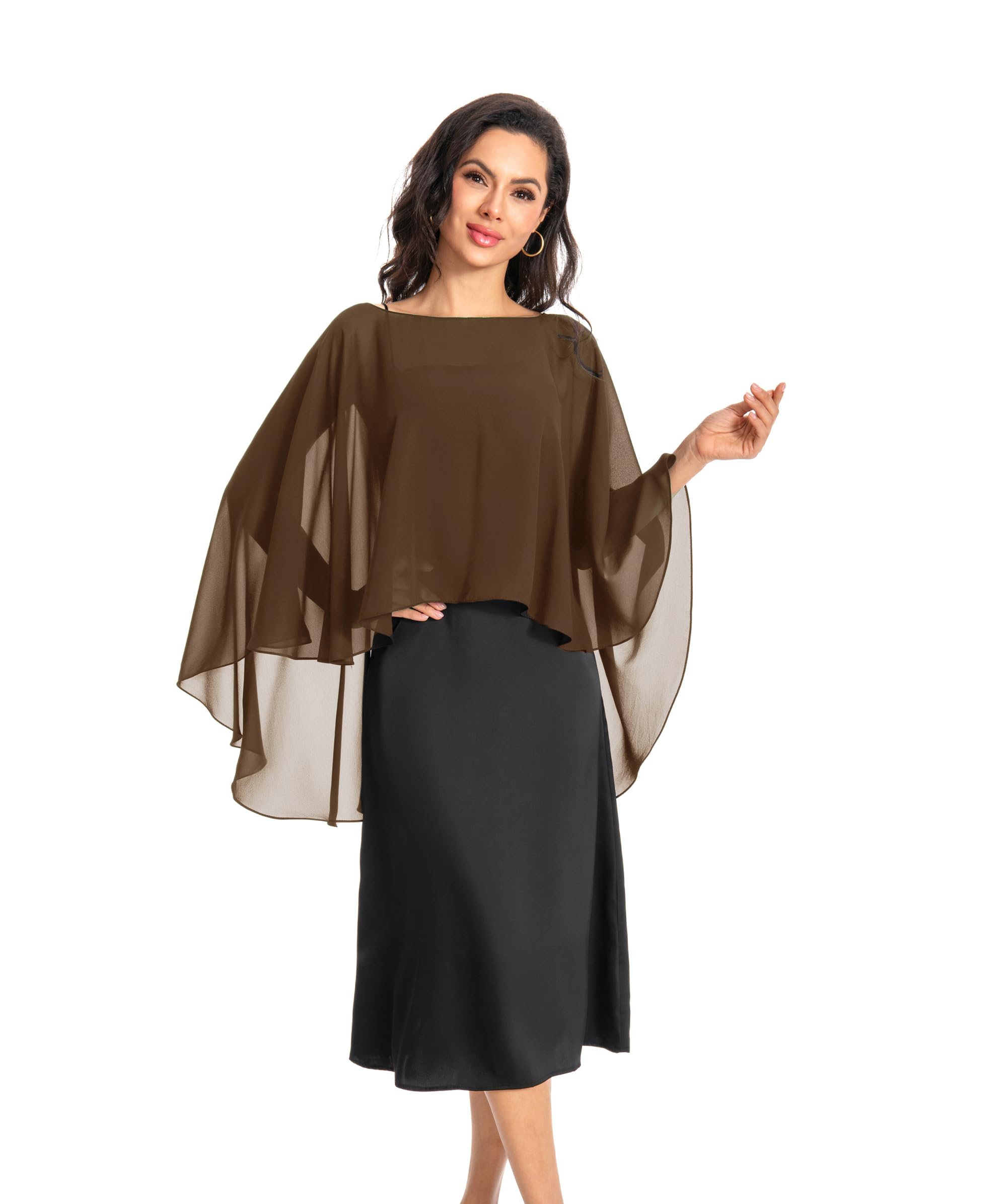 Chiffon Capes Sheer Capelets Bridal Shawls And Wraps Cape Long Plus Size Poncho Cape For Women - brown - One Size