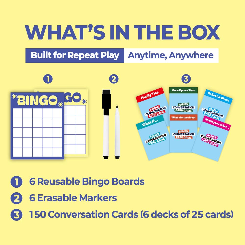 ConvoCards - 150 tarjetas de conversación familiar con tableros de bingo, divertido juego de mesa con 6 categorías de preguntas atractivas para niños, adolescentes y adultos para conectarse, noche de