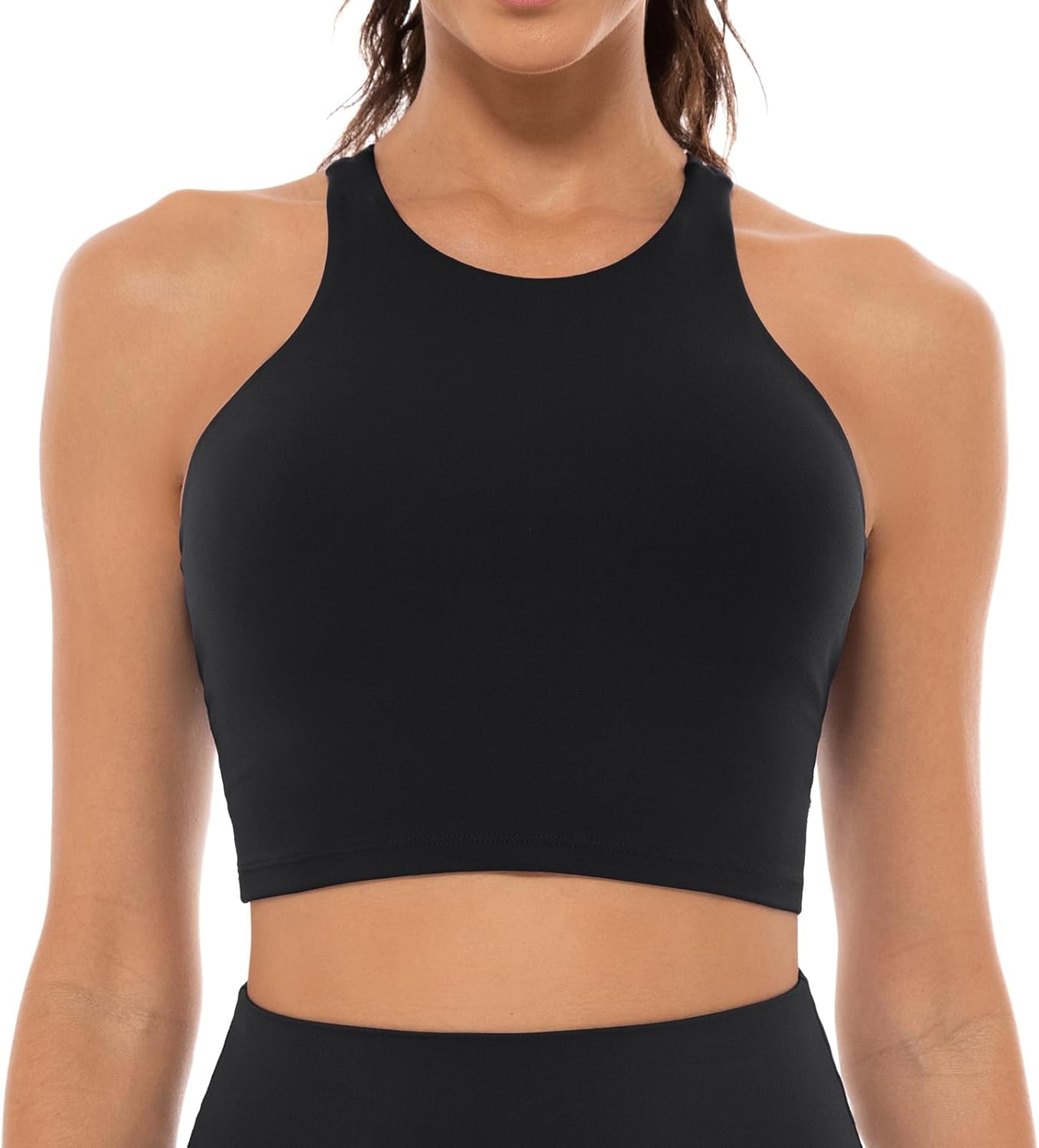 Lavento Women's Racerback Sports Bras - High-Neck Longline Yoga Crop Top with Built-in Bra