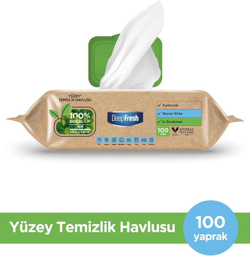 Deep Fresh DeepFresh İz Bırakmaz Yüzey Temizleme Havlusu, Karbonat & Beyaz Sirke, Beyaz Sabun Kokulu (100 Yaprak)