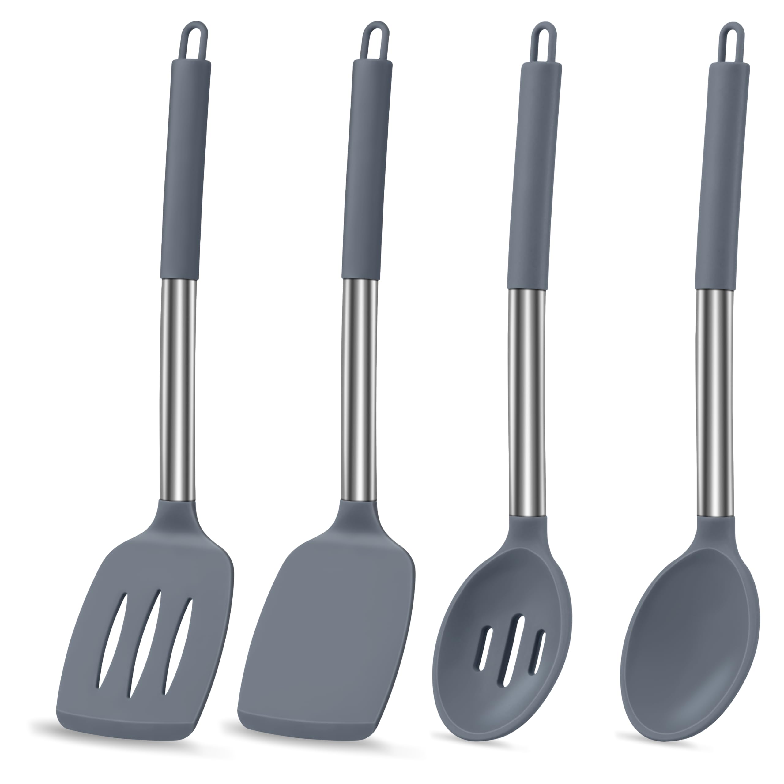 LIANYU Juego de utensilios de cocina de silicona, 6 piezas, resistentes al calor, mango de acero inoxidable antiadherente, herramientas de espátula, apto para lavavajillas, color gris