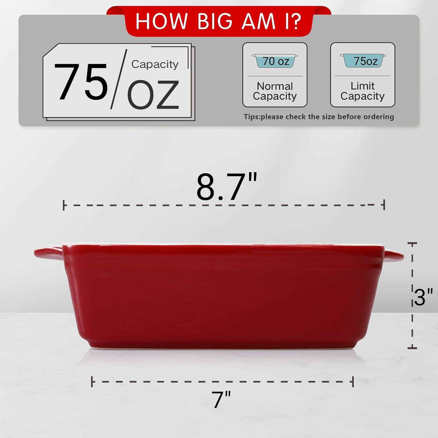 AVLA 2 Pack Porcelain Baking Dish, Square 8.7 Inch Brownie Dish Lasagna Pan Roasted Meat Bakeware Set for Kitchen, 75 OZ Casserole Dish with Double Handle, Vintage Red