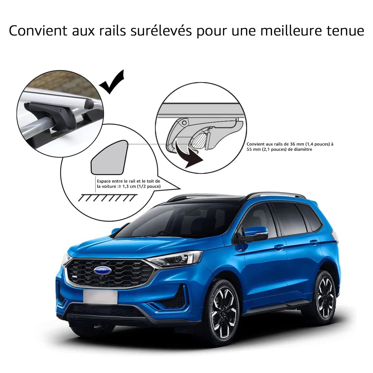 Amazon Basics Barres de toit à rails transversaux 132 cm, pouvant accueillir jusqu'à 117 cm de distance entre les rail latéraux surélevés avec espace, lot de 2, noir/argenté