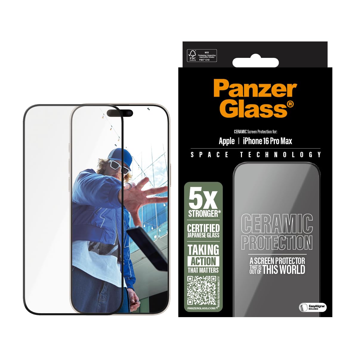 PanzerGlass CERAMIC Ochraniacz ekranu do Apple iPhone 16 Pro Max 6,9 cala 2024, ultra mocne japońskie szkło na pełnym ekranie, ochrona przed upadkiem/zarysowaniami, odciski palców, etui przyjazne dla