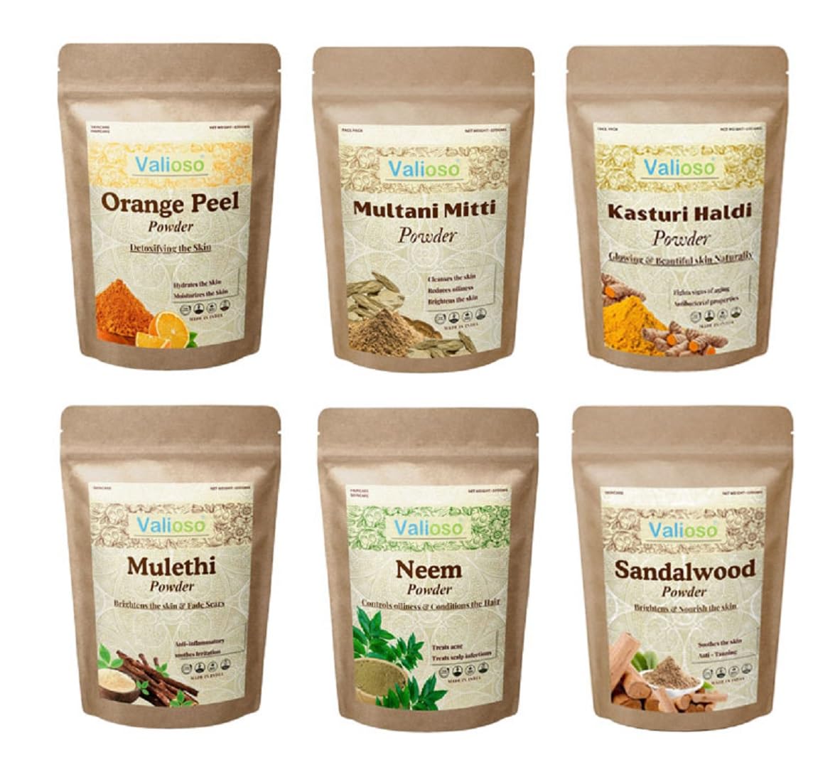 Valioso Orange Peel Powder, Multani Mitti Powder, Kasturi Haldi Powder, Mulethi Powder, Neem Powder And Sandalwood Powder For Face Pack Combo Pack Of 6 (600 Gms)