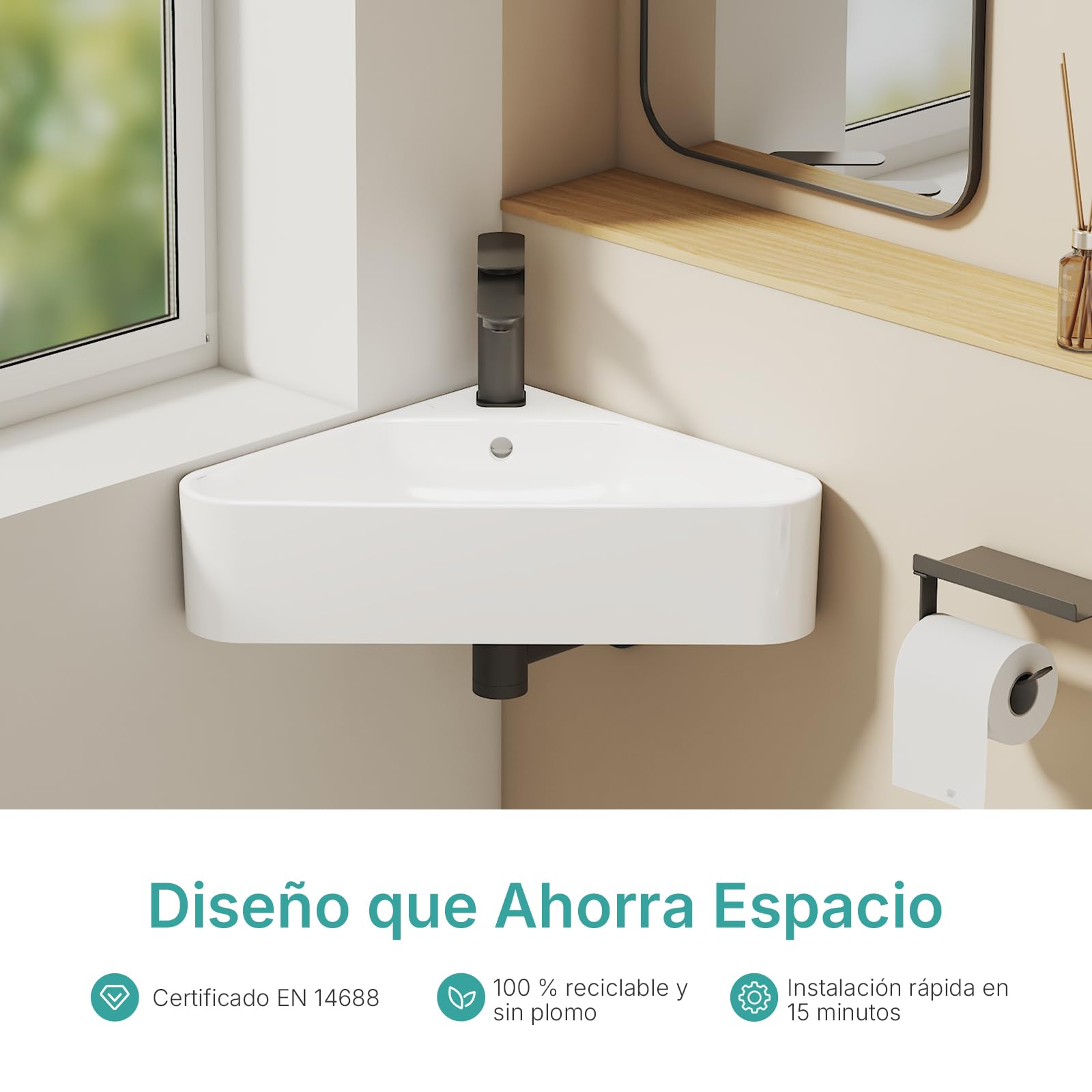 EMKE Pileta de cerámica 560x340x130mm,Blanco Brillante | Pequeño Lavabo Triangular de Pared – Lavabo Suspendido para Aseo o Baño Pequeño