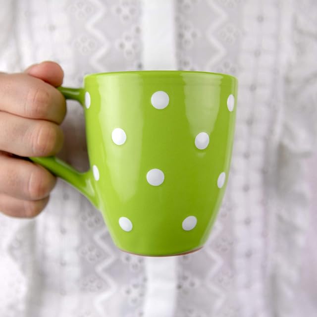 City to Cottage® Lime Green and White | Polka Dot Spotty | Designer Handmade Hand Painted | Unique Ceramic 10oz/300ml | Hot Chocolate Coffee Tea Mugs Cups with Large Handle | Gift
