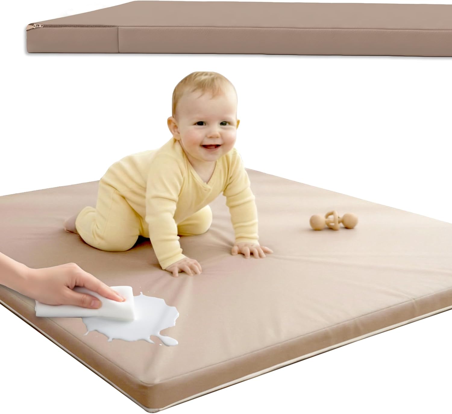Baby Play Mat for Floor (50" x 50") Waterproof Vegan Leather - Easy to Clean w Removable Cover - Mat for Tummy Time - Padded Thick 1.5" Foam Support Non-Slip Bottom for Infant Kids and Toddler (Tan)