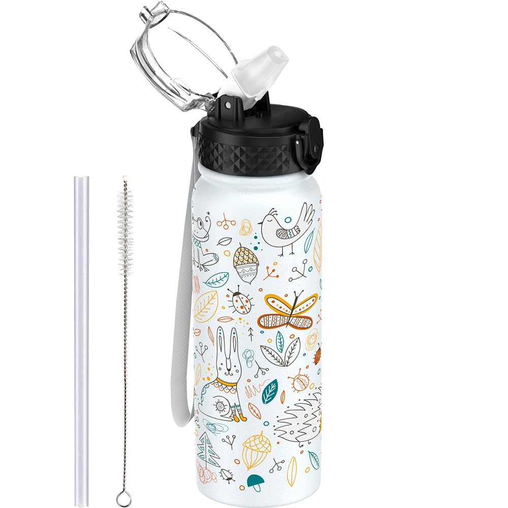 GOPPUS 600ml/20oz Stainless Water Bottle with Straw Double Wall Insulated Bottles with Strap One Hand Open Vacuum Thermal Flask Leakproof Keep Cold Bottles with Flip Top Lid BPA Free (White Animal)