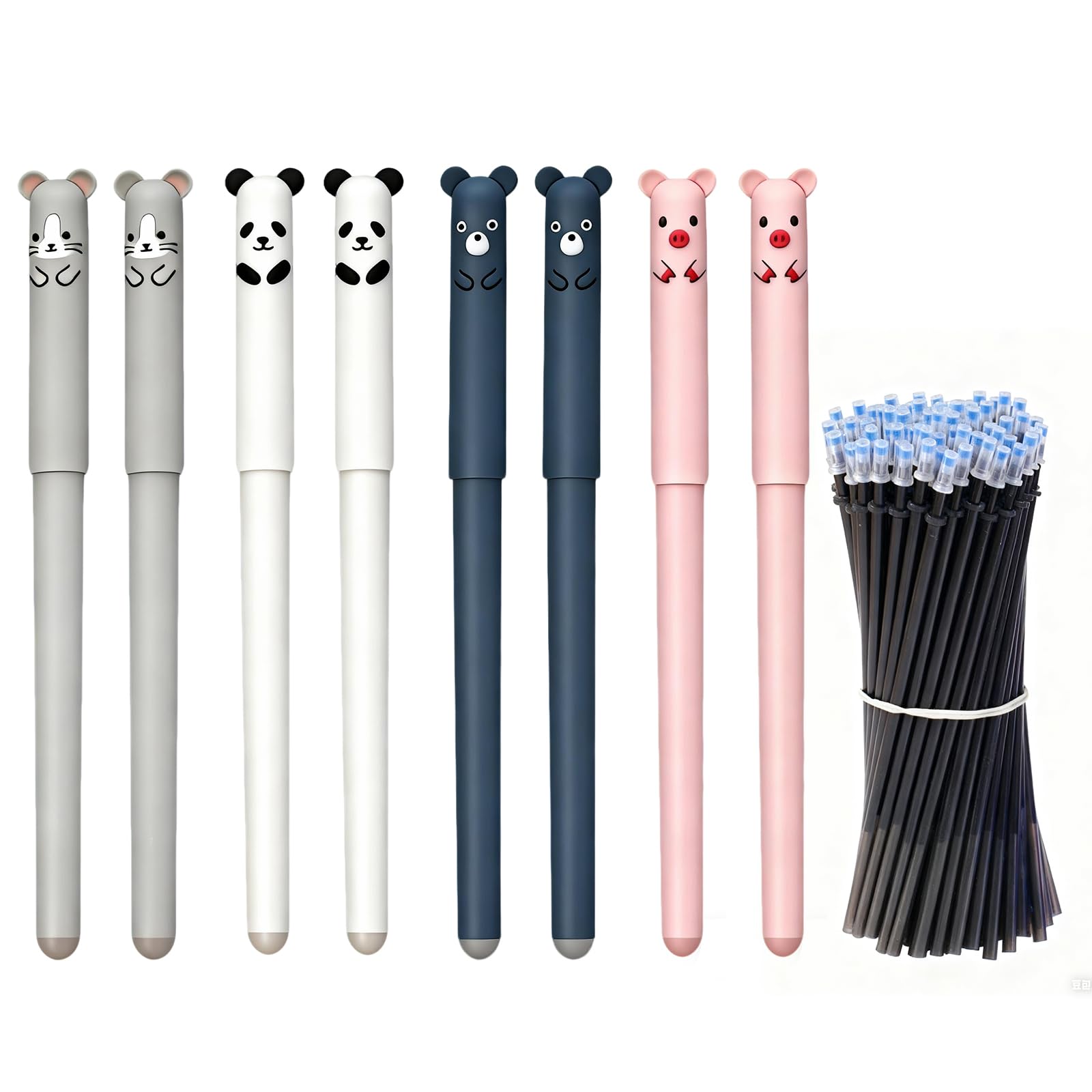Xvbhaq Erasable Black Writing Tools – 8pcs Cute Animal Friction Style 0.5mm Rub Out Version for School & Office, 30 Refills Included, Gel Type, Animal-Themed Design