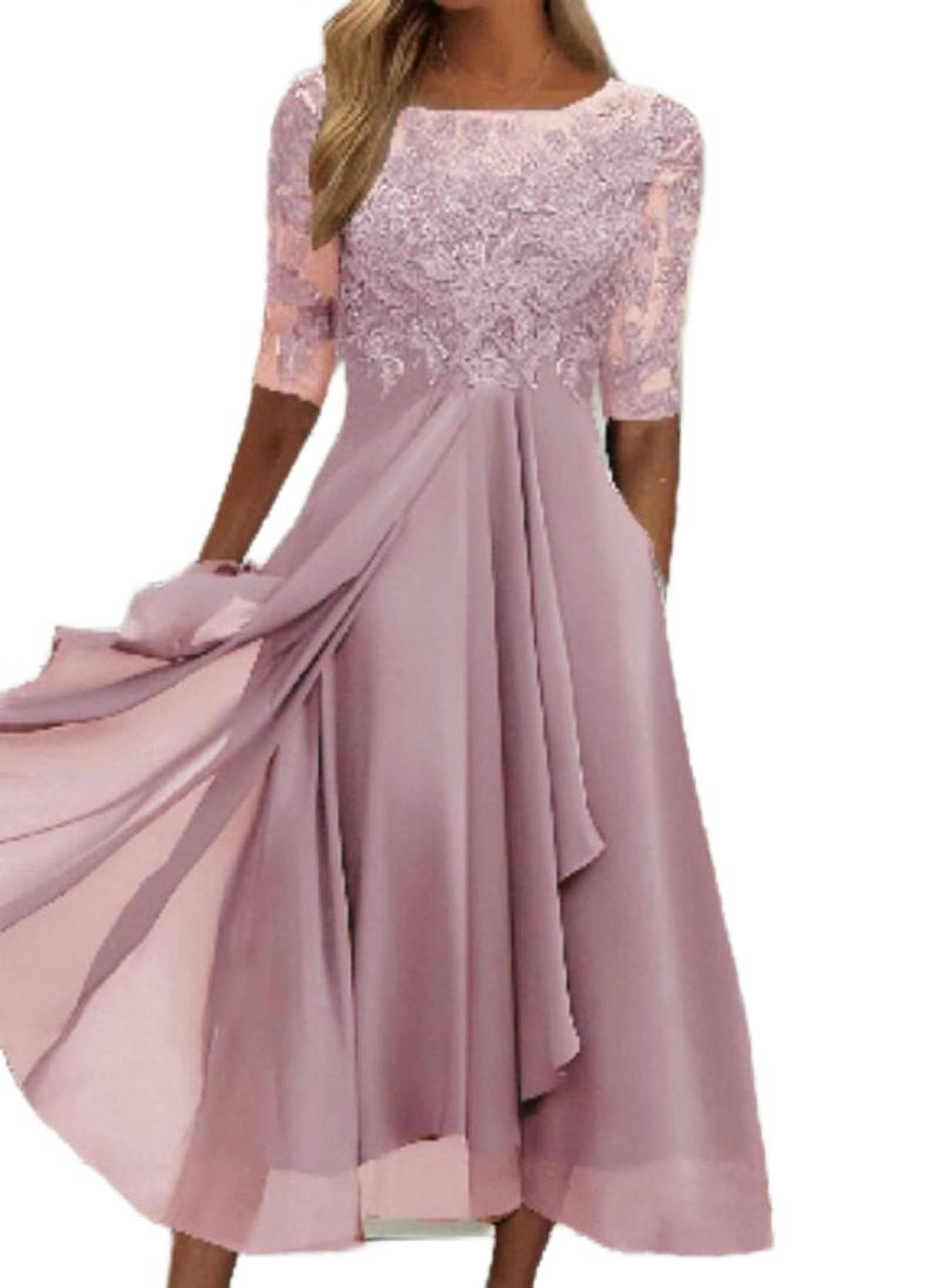 Weiting Pink European And American Spring And Summer Bridesmaid Evening Dress Lace Mid-Sleeve Hollow Chiffon Dress-M