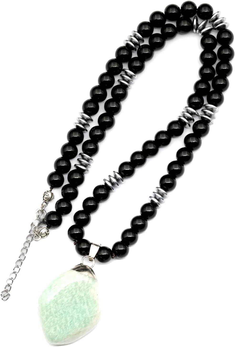 ElisaJewelryArt - Natural Raw Amethyst Crystal Pendant Black Onyx Stone Beaded Necklace Genuine Gemstone Feng Shui Stone Clasp Closure Necklace Unisex Necklace