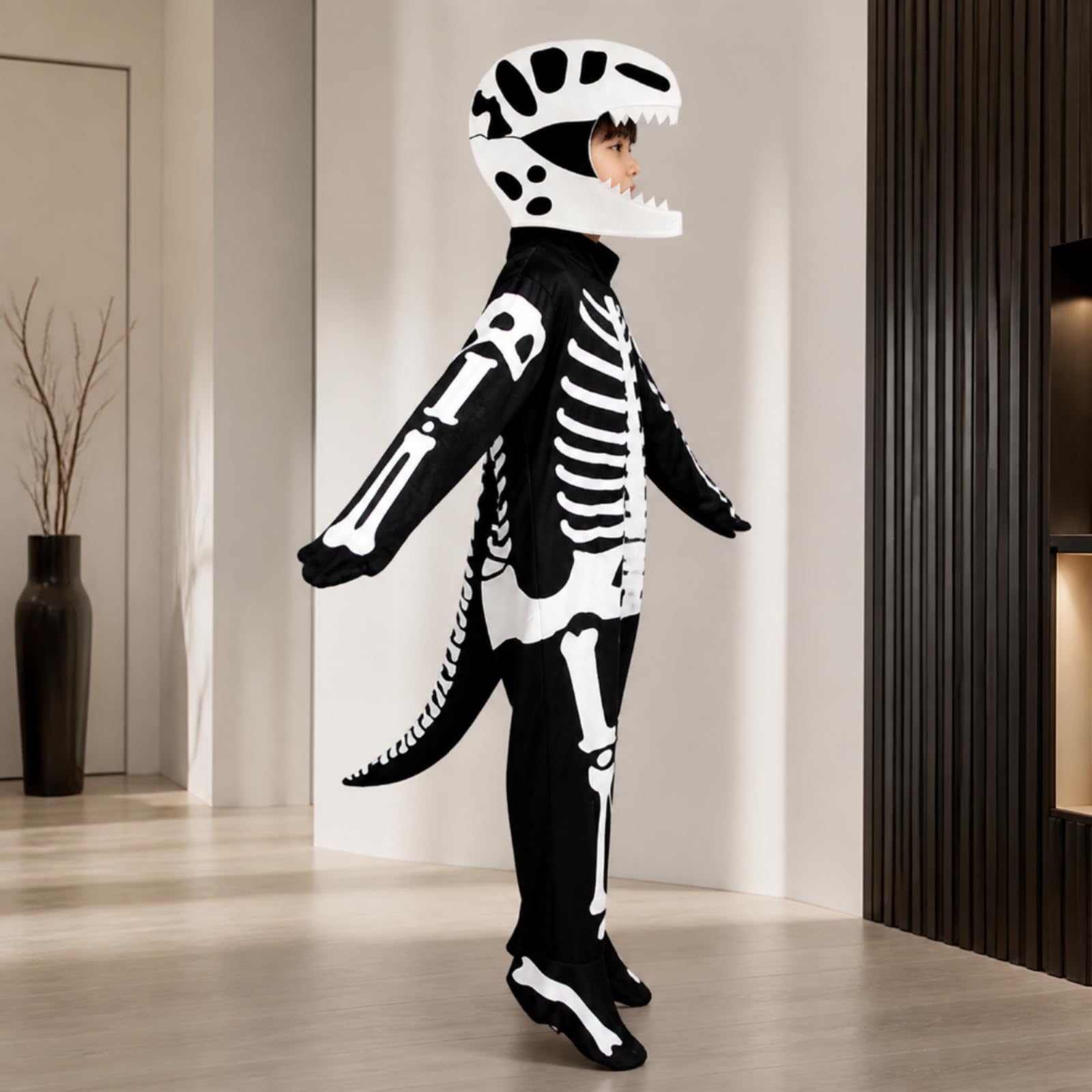 Costume da Scheletro di Dinosauro Divertente Costume da Dinosauro Scheletrico Traspirante Tuta Cosplay Scheletrica per Bambini