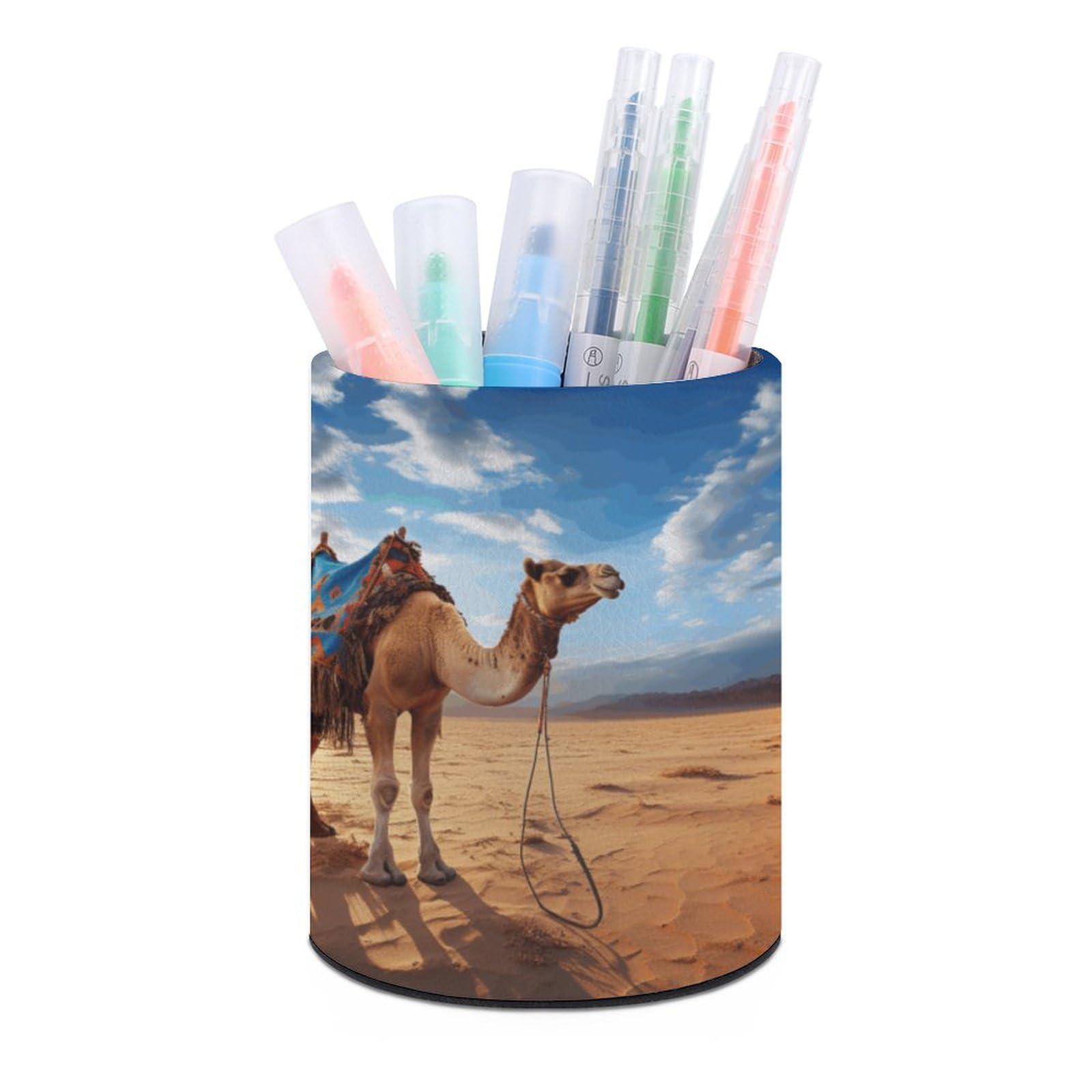 JTREHY Round Pen Holder,Camel Sky Printed Makeup Brush Storage Box for Home Office Dressing Table