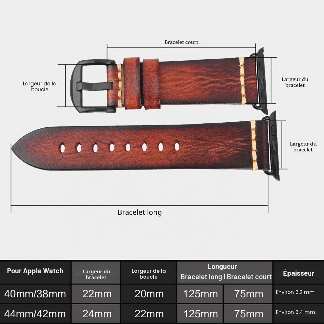 REZERO Bracelets Compatible avec Apple Watch, Bracelets, Sangle de Montre en Cuir Véritable Tanné Végétal, Lanière de Montre de Remplacement pour iWatch Série 10/9/SE, 38/40/41/42/44/45/46/49mm