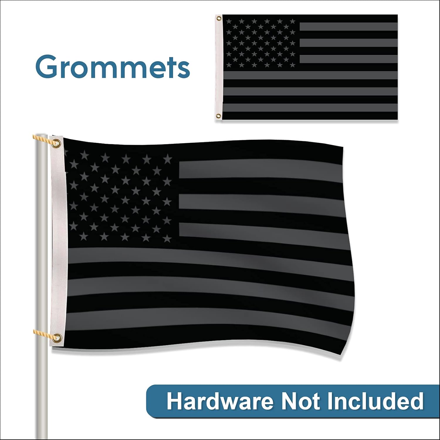BANNER BUZZ MAKE IT VISIBLE Black American Flag Grey Stars Heavy Duty Knitted Fabric US FLAGS – UV Resistant Perfect for Indoor Outdoor Yard Home Decor (5’ X 3’ with grommets on left (Double Sided)