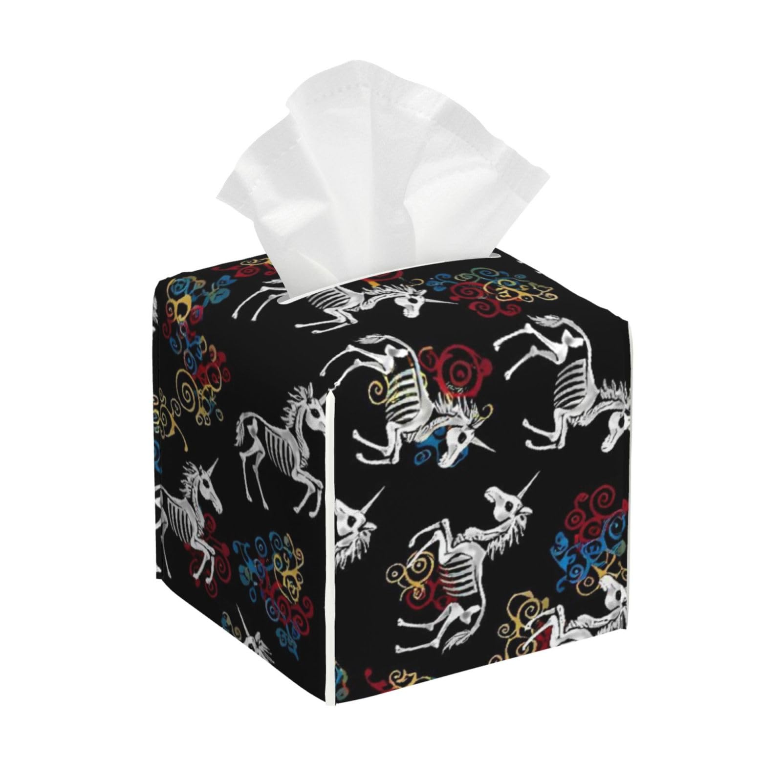 Happy Halloween Unicorn Skull Skeletons Leather Tissue Box Cover Holder Square Facial Paper Organizer 5.2" X 5.2" X 5.2"