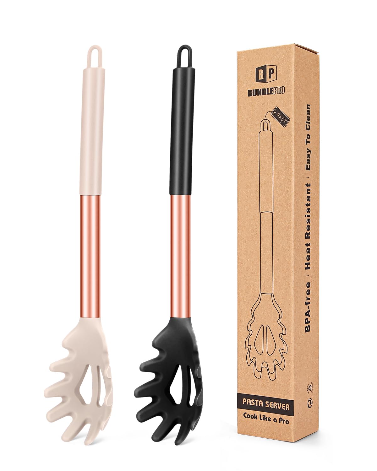 Confezione da 2 forchette per pasta in silicone, resistenti al calore, senza BPA, ottimi strumenti di cottura (FB-109-RG-BK)