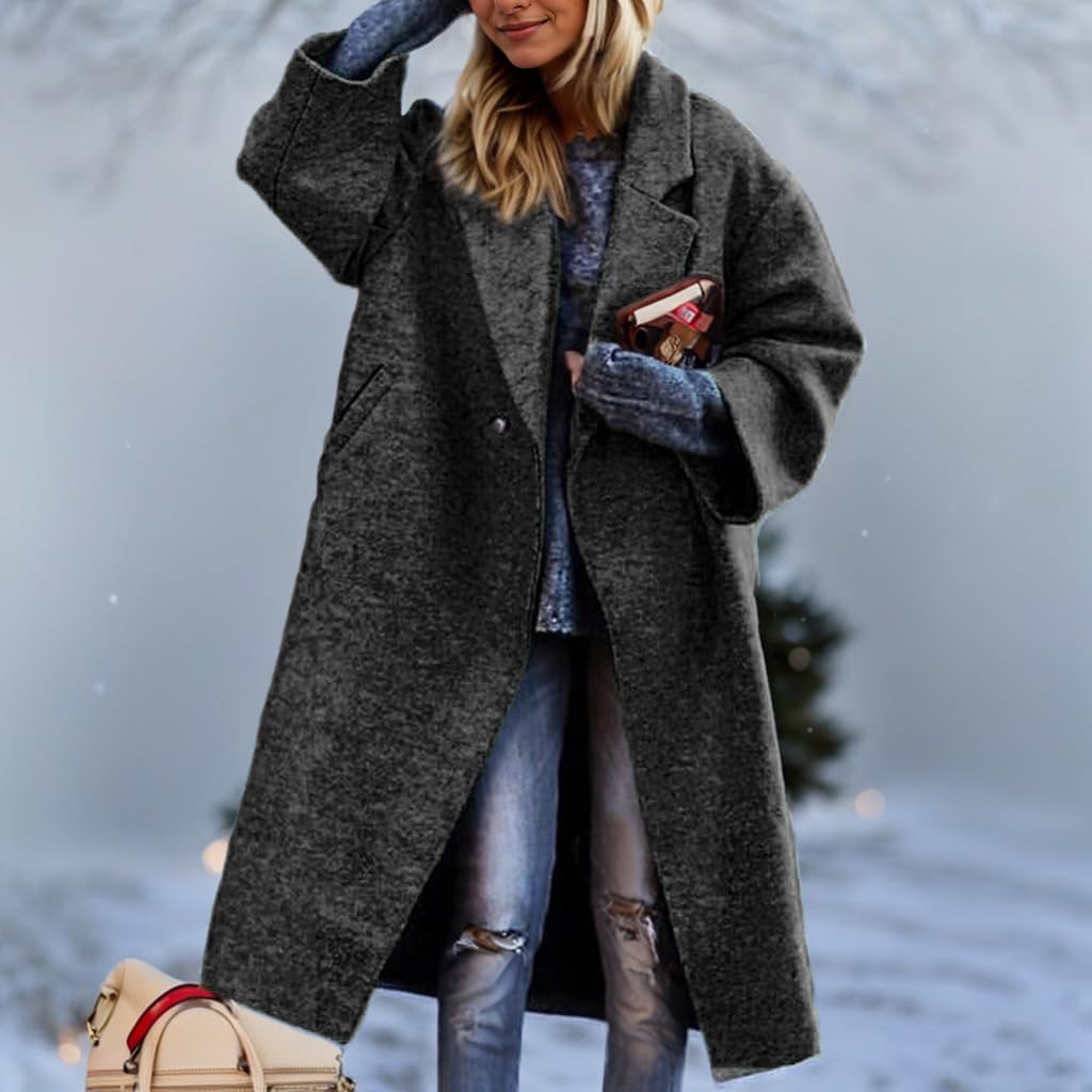 Akivide Women's Winter Oversized Notch Lapel Wool Blend Pea Coat Casual Single Breasted Trench Coat with Pockets - Image 2