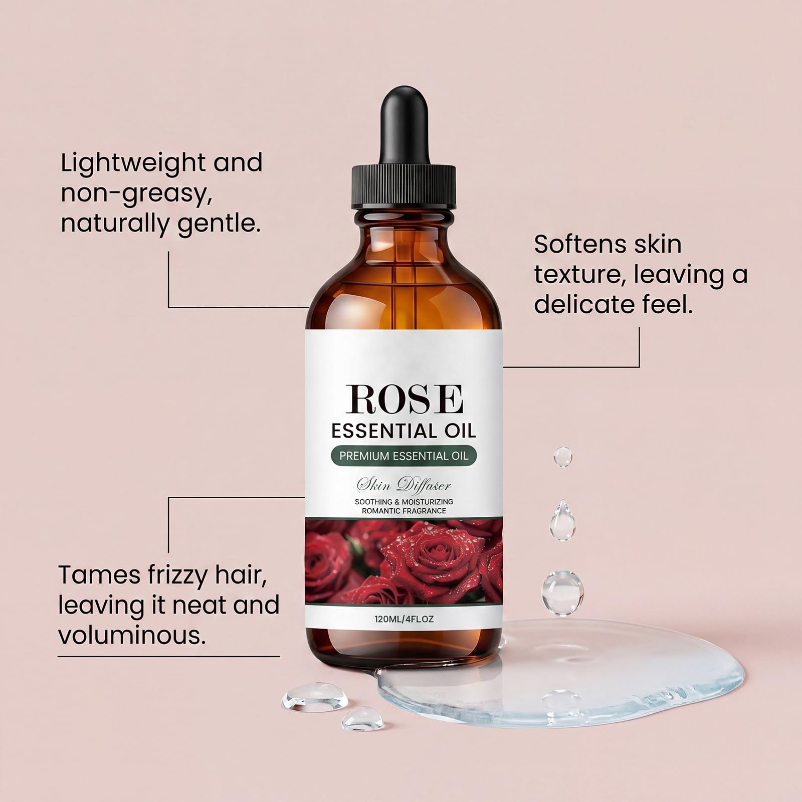 Huile multi-usage parfumée à la rose - Huile hydratante pour les cheveux et le corps pour contrôler les frisottis, lisser l'hydratation légère, soins quotidiens non gras (5PCS)