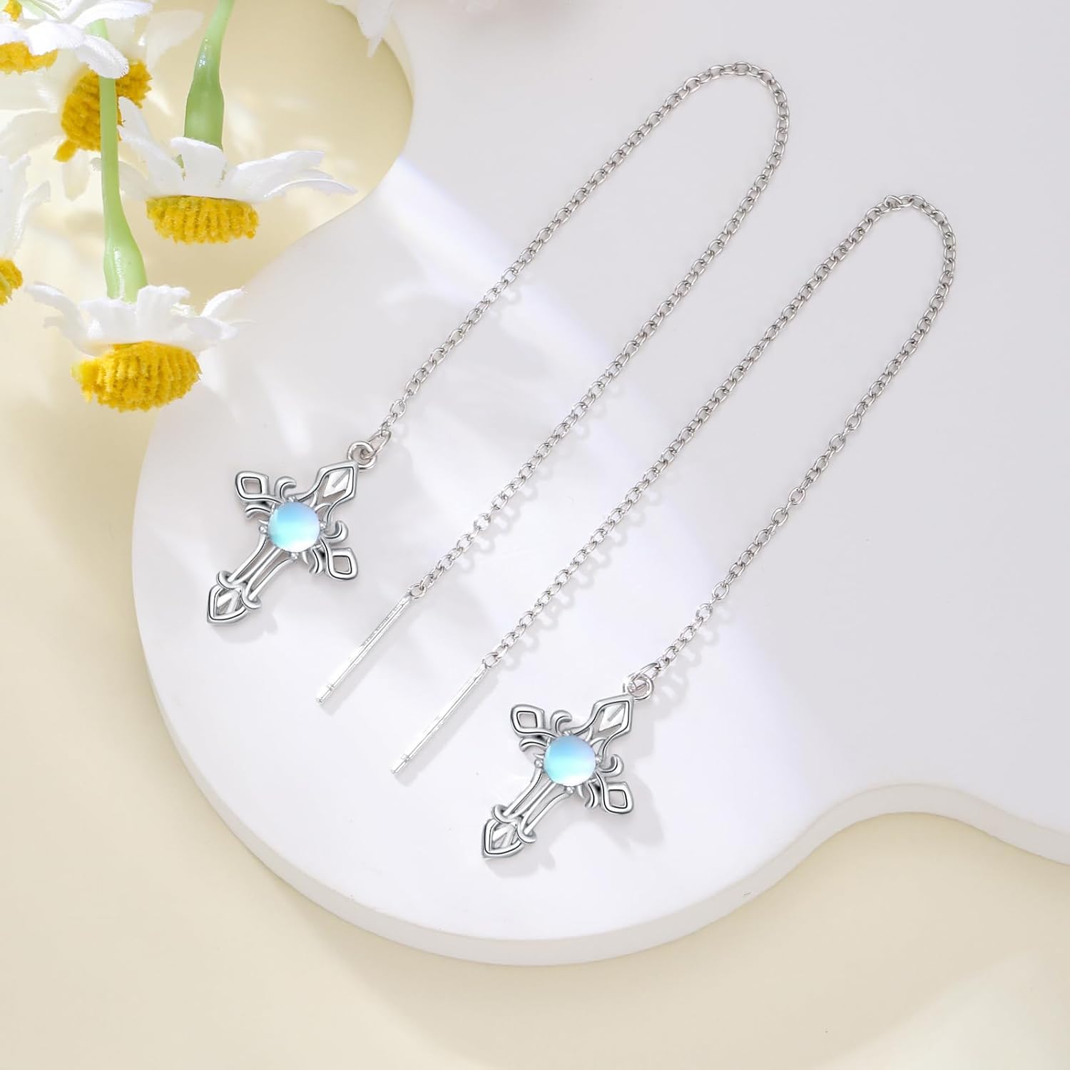 Cross Birthstone Threader Earrings 925 Sterling Silver Gemstone with Cross Christian Long Chain Ear Line Jewelry for Women Gifts - Image 4