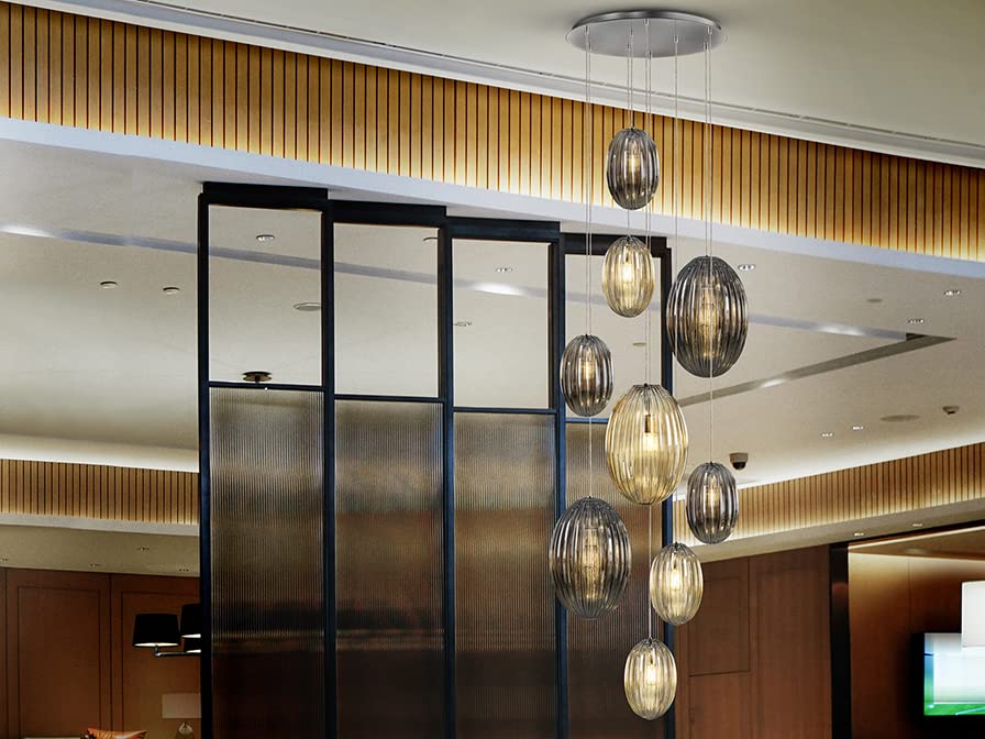 Schuller Ovila Modern Cluster Dimmable 9 Light LED Pendant Light, Oval Cognac & Smoke Grey Shades. Remote Control