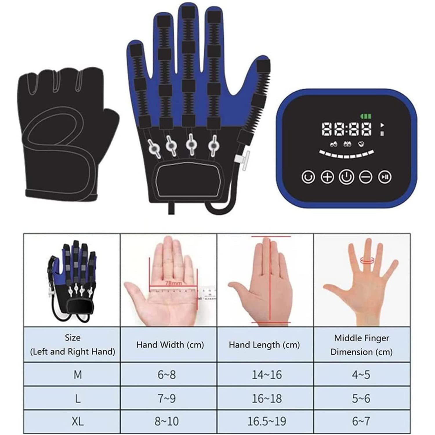 Guantes de Robot de rehabilitación de presión de Aire Carrera automática Hemiplejía Entrenador de Dedos Ejercicio de extensión de Dedos para Adultos/niños, LCD