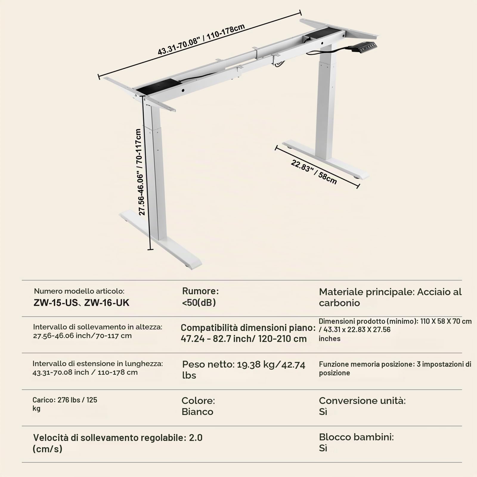 VEVOR Struttura per Scrivania in Piedi Doppio Motore, Altezza Regolabile da 70 a 117 cm Lunghezza da 110 a 178 cm Gambe per Scrivania Elettriche per Computer, per Casa, Ufficio, Solo Telaio, Bianco