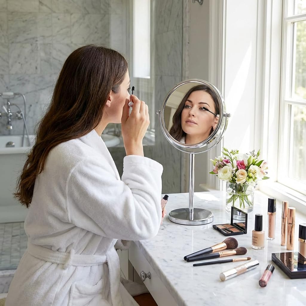 10X Magnifying Makeup Mirror on Round Stand for Tabletop, Bedroom Vanity Desk and Bathroom Counter - Free Standing Double Sided 10X/1X Magnification Mirror - 7" Wide and 14" Tall (Chrome)