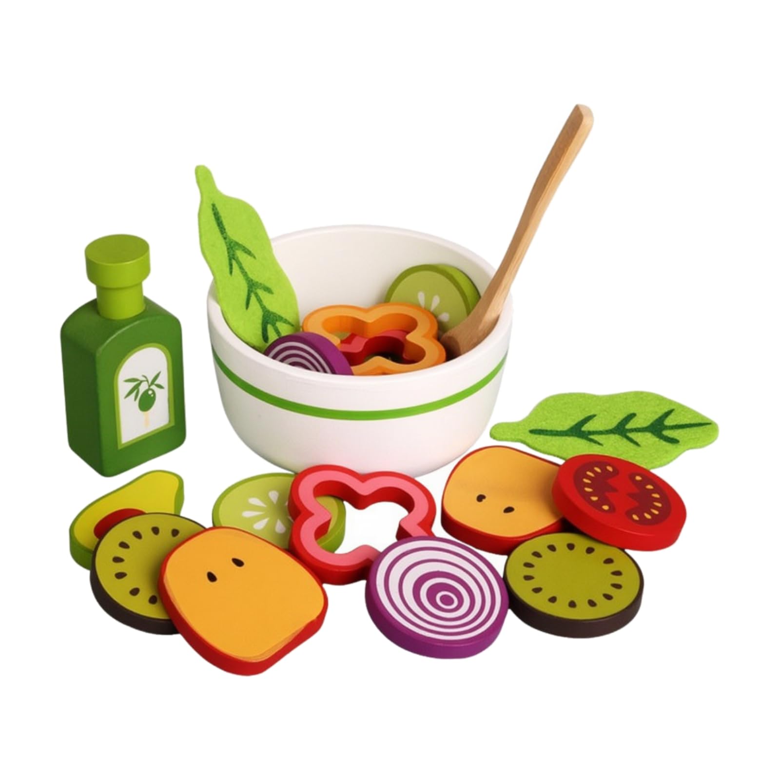 Set Insalata Giocattolo con Ciotola e Cucchiaio con Pittura a Base d'Acqua Giocattolo di Ortaggi di Legno Resistente e Durevole per Bambini