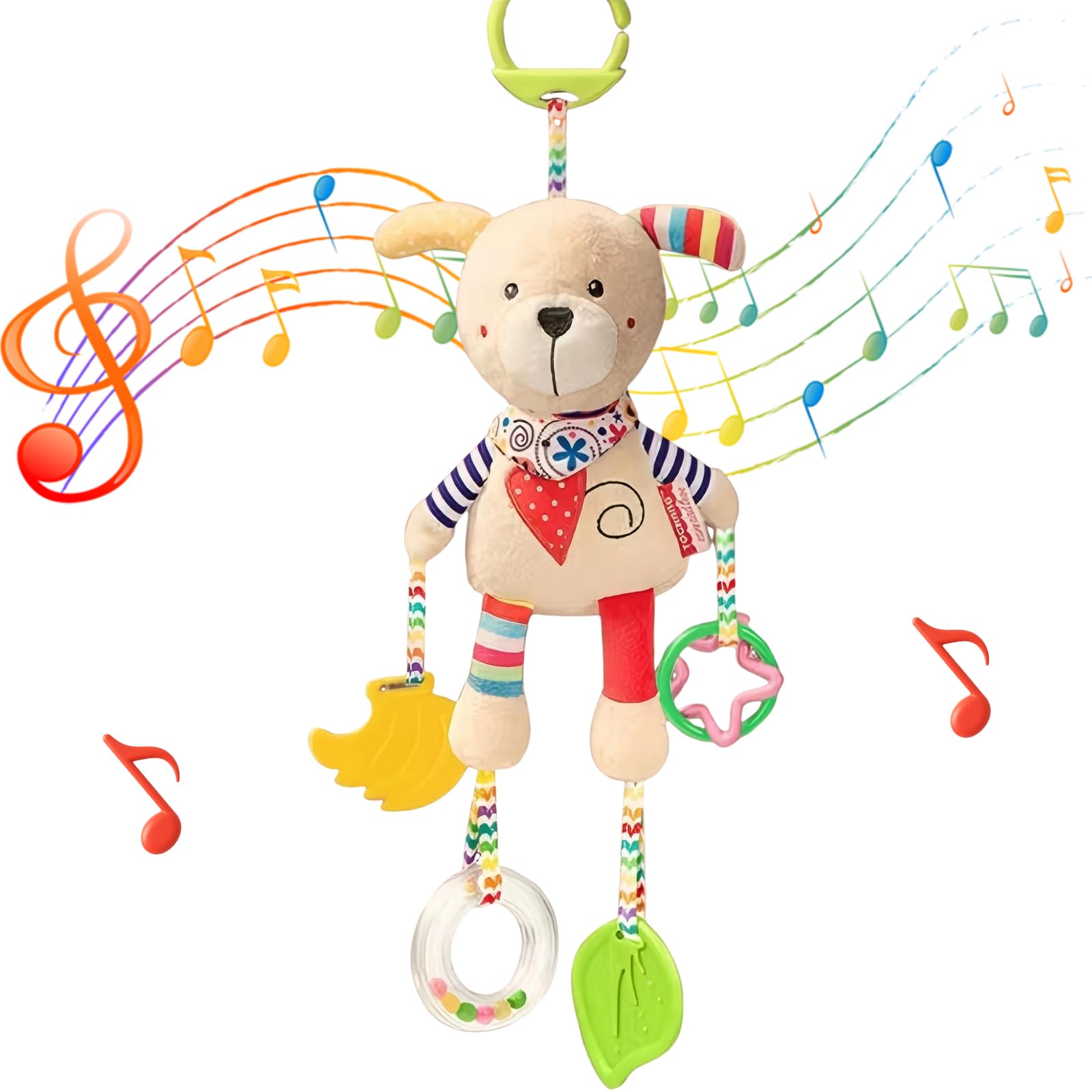 Jodsen Baby Pram Pushchair Toys Newborn Sensory Toy for Babies Soft Plush Early Development Stroller Car Toy Hanging Activity Toy with Teether Clip on Pushchair Handbells Baby Rattles Toys (Cute Dog)