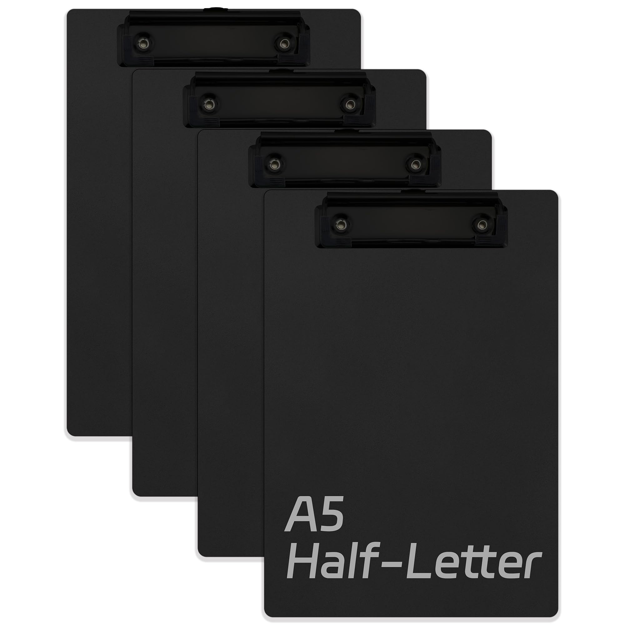 A5 Clipboard Folder, 4-Pack Lightweight Plastic Clipboards with Hanging Hooks, Portable Writing Board for Office, School, Hospital, Black