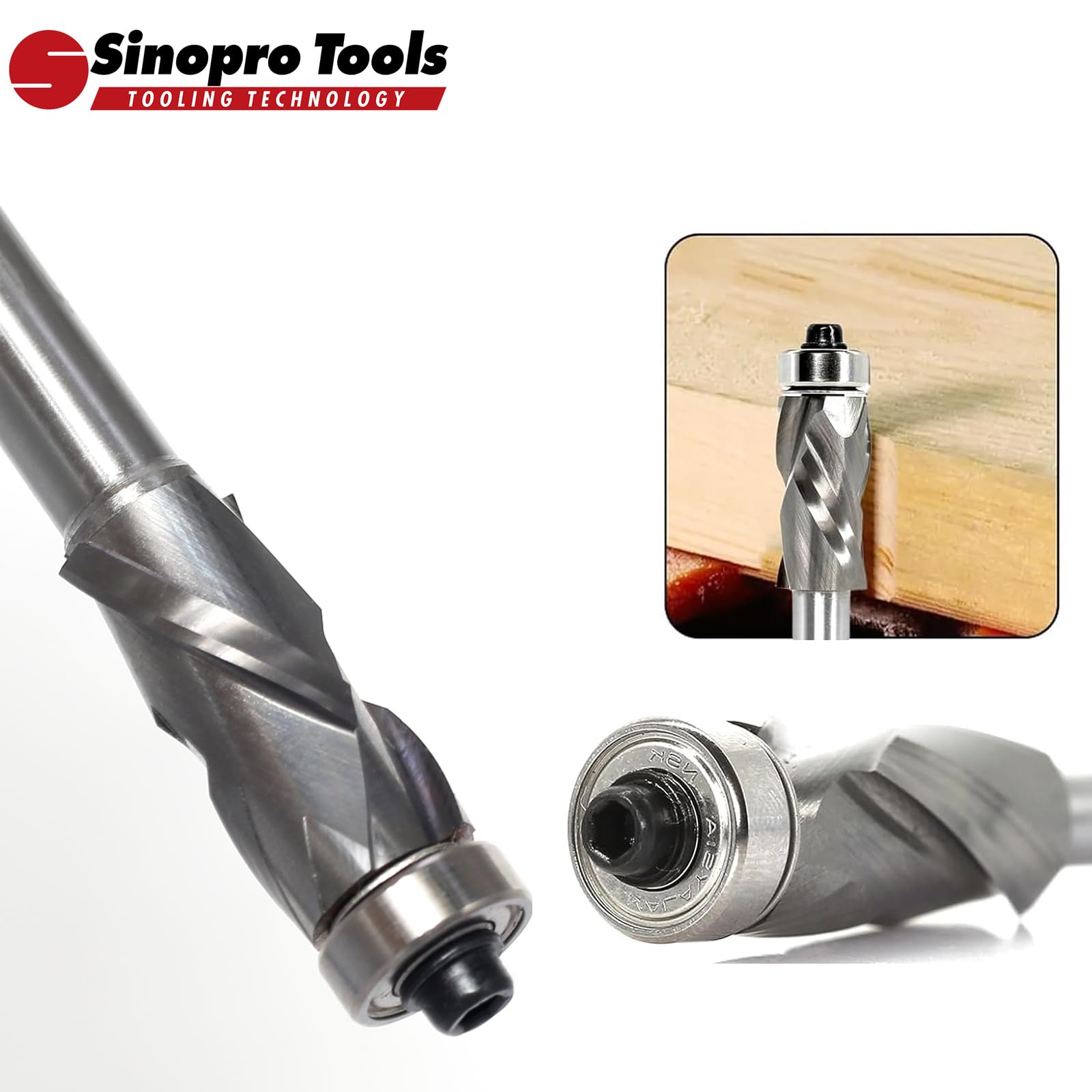 Fresa de enrasado en espiral de 8 mm, longitud de corte 25 mm, ranura en espiral de compresión hacia arriba y hacia abajo, con rodamiento de bolas en la parte superior, fresa en espiral