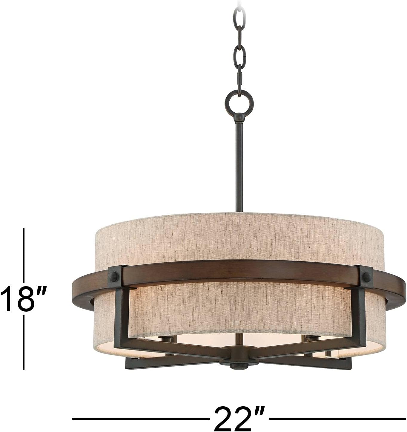 Possini Euro Design Pendant Light Fixture - 4 Light, Bronze and Wood Tan Fabric Drum Shade, Contemporary Pendant Light for Kitchen Islands, Living Rooms, Foyers, and Bedrooms - 22" Wide, 18" High