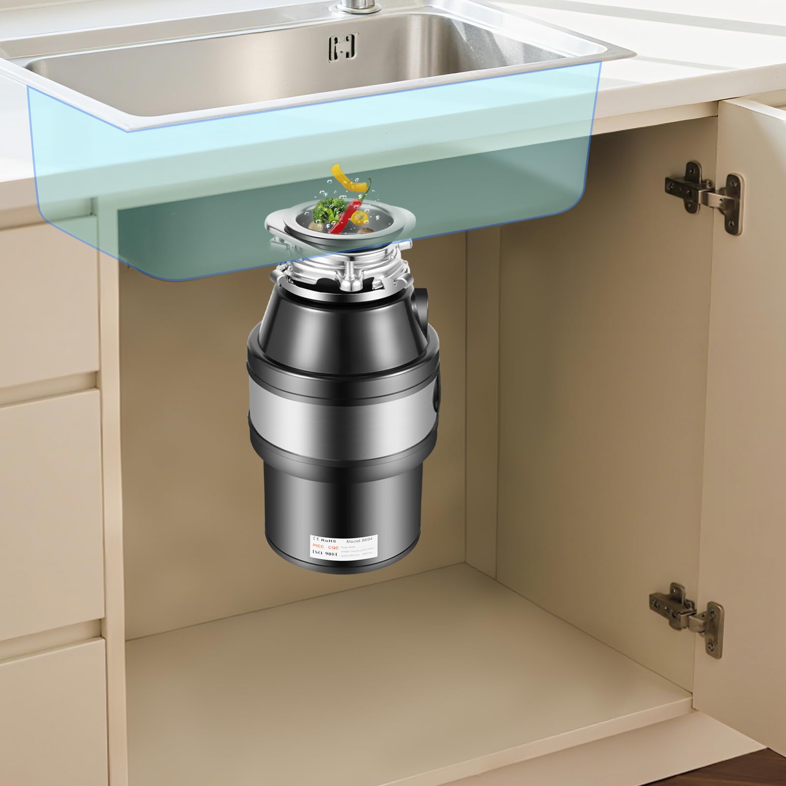 Triturador de residuos de cocina, 560 W, triturador de residuos de cocina, triturador de residuos de alimentos, 1400 ml, conector para lavavajillas