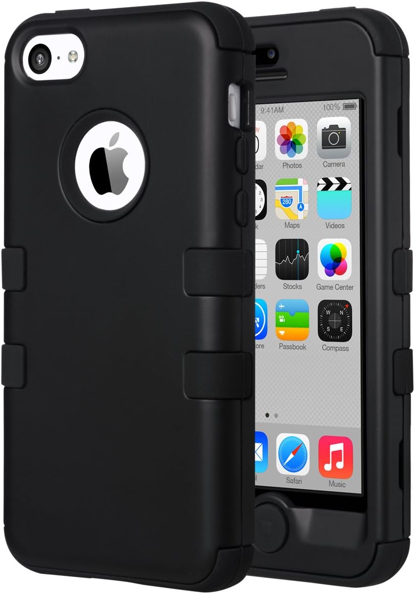 ULAK iPhone 5C Case, iPhone 5C Case Black, Shockproof Soft Silicone Rubber Hard Plastic Hybrid Heavy Duty Protection Kidproof High Impact Case Cover for Apple iPhone 5C -Black
