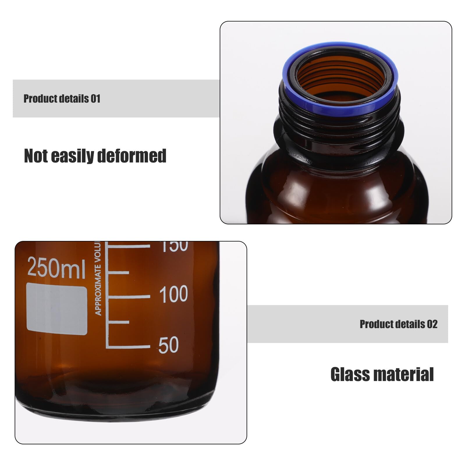 ERINGOGO Réactifs en Laboratoire pour Stockage de Produits Chimiques 3 Flacons en Verre Marron 250ml avec Graduations Claires et Bouchons à Vis
