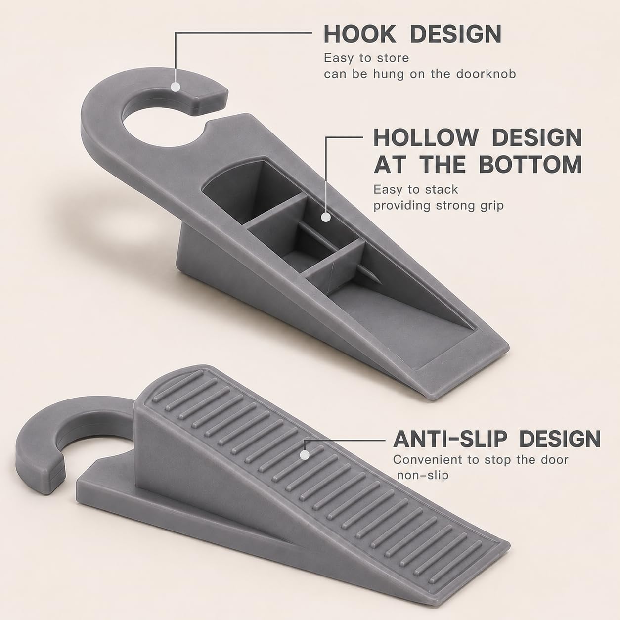 Rubber Door Stopper Wedge Set of 2 | Heavy Duty Anti-Slip Door Stop with Hanging Hook | Non-Slip Rubber Door Holder for Wood, Tile, Marble, Granite & Laminate Floors | Grey, Home & Office Use — Amazon image 3