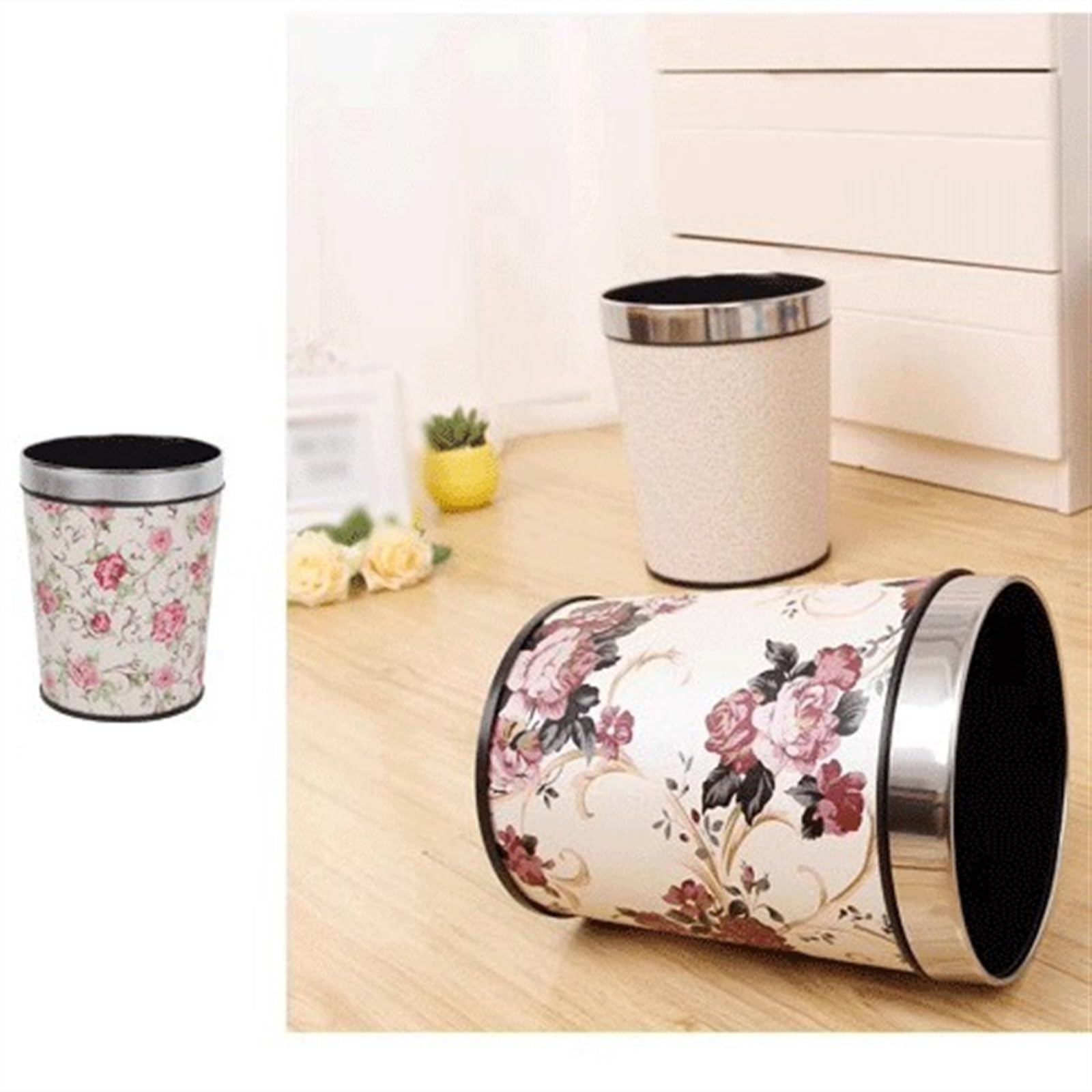 Cubo de Basura Papelera Redonda de plástico for Dormitorio, salón, Cocina y Oficina, Papelera Impresa con aro de presión de 6/13 l Cubo de Reciclaje(Pequeño)