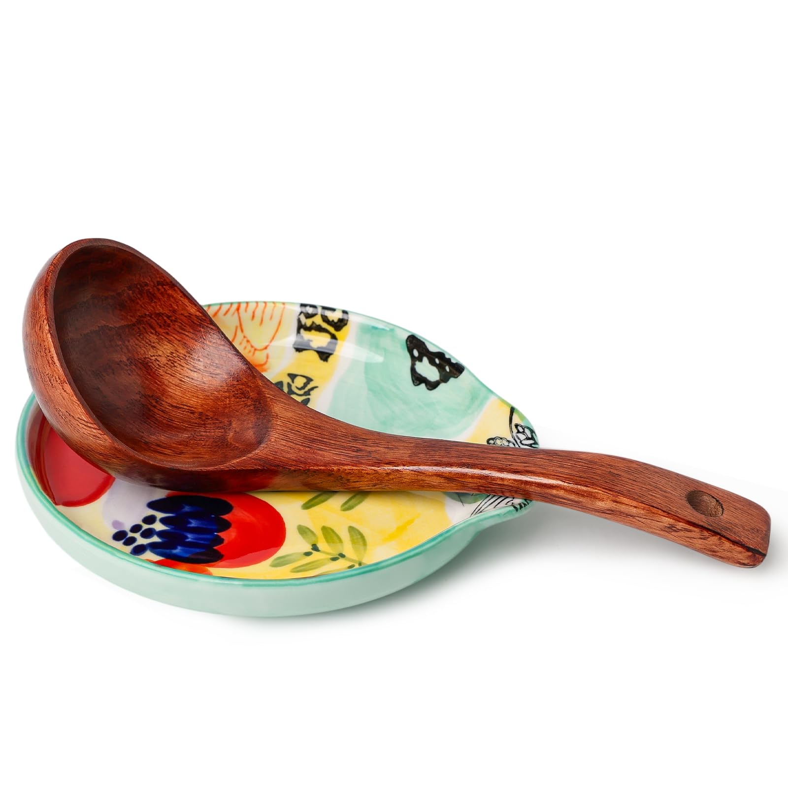 Colorido soporte para cucharas pintado a mano, 5 pulgadas, soporte para cucharas de cerámica para encimera de cocina, apto para lavavajillas, multicolor (juego de 2)