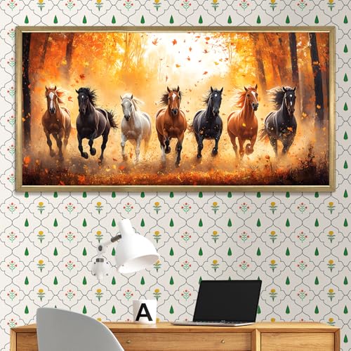 Image of PAPER PLANE DESIGN Seven Running Horses HD Canvas Print Wall Art - Premium Vastu Golden Box Frame With Acrylic - Elegant Home & Office Decor - Size: 2 x 4 Feet. (D)