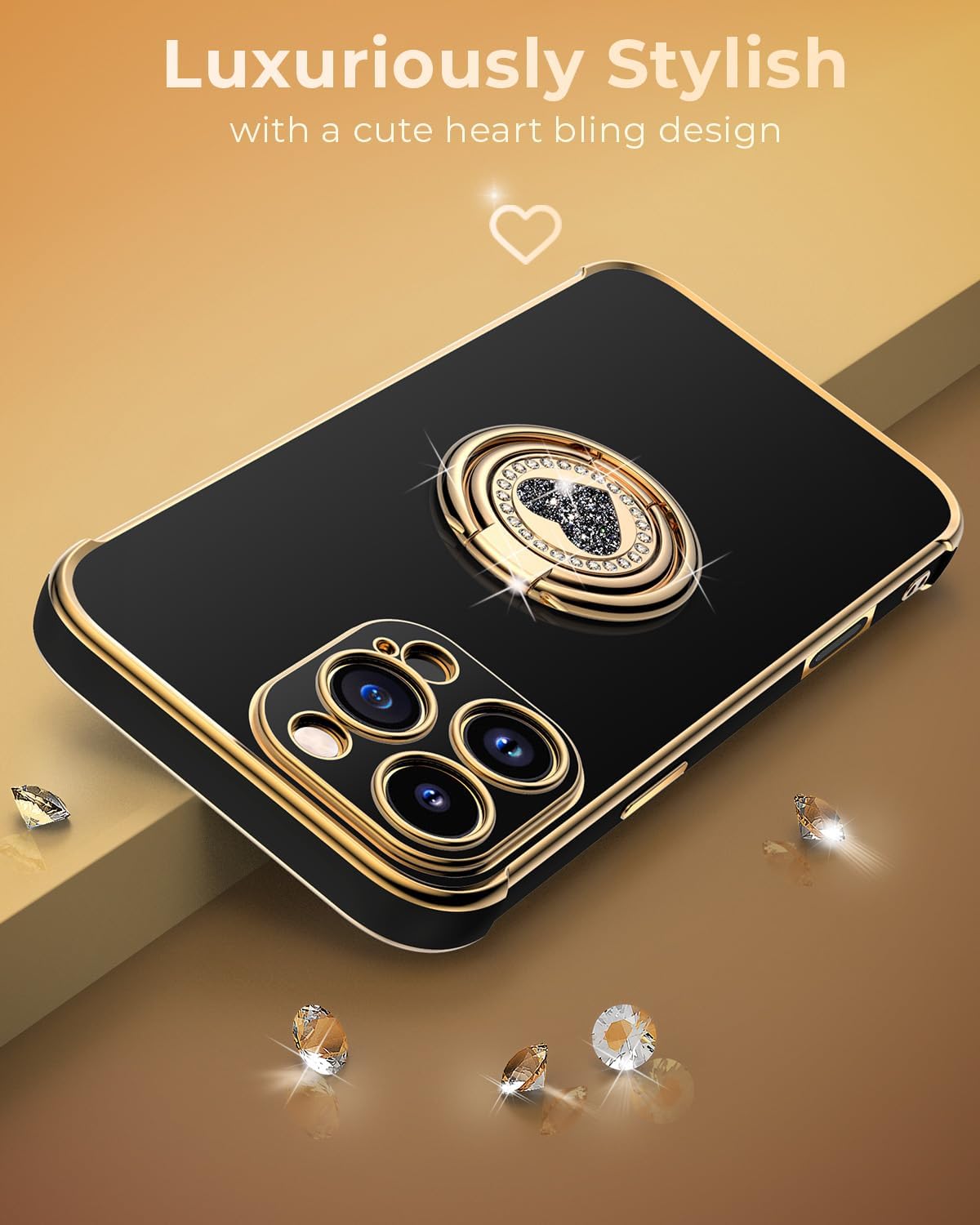 XYZ for π’ππ‘π¨π§π ππ ππ«π¨ πππ¬π with Stand, Phone Case with Double Ring Kickstand, Women Girls Bling Luxury Protective Case Heart for π’ππ‘π¨π§π ππ ππ«π¨ 6.3'', Black - Image 6